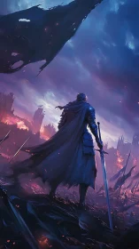 Armored figure with sword in burning battlefield landscape.