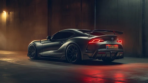 Matte black Toyota Supra GR rear three-quarter in moody garage
