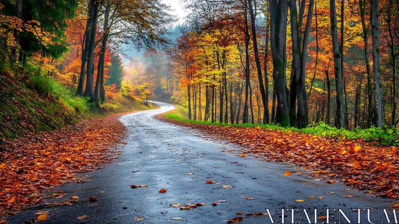 Curving wet forest road under vivid peak autumn foliage.