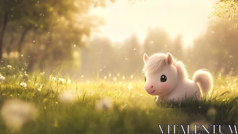 Gentle baby pony resting in a dreamy sunlit meadow.