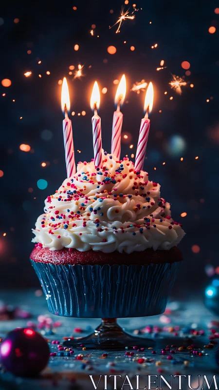Birthday Cupcake with Spiraled Candles and Bokeh Sparkle Effects