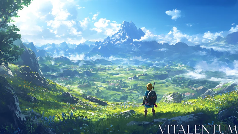 Young traveler gazes over a sunlit fantasy mountain valley.