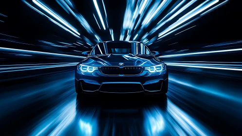 Sleek blue sports car racing through glowing city lights.