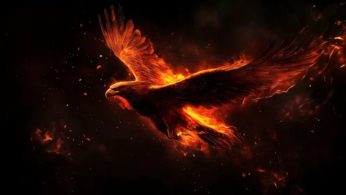 Majestic Fiery Phoenix Soaring in a Dark Fantasy Art Style.