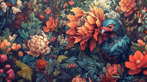 Digital Illustration: Teal Bird Nested in Dense Floral Arrangement.
