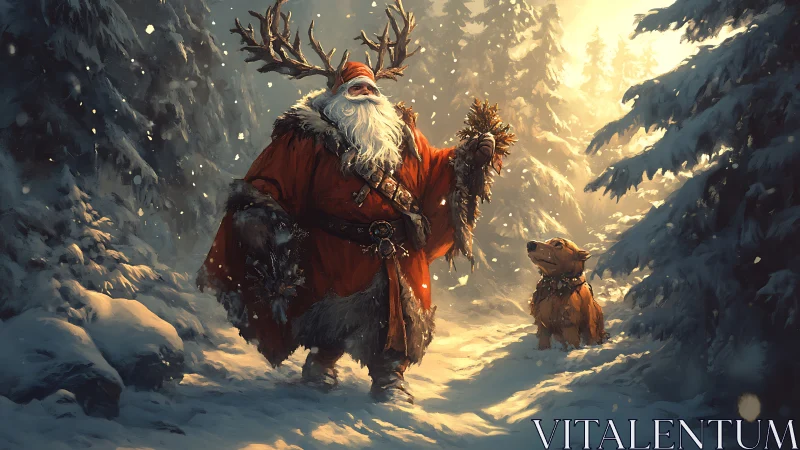 Santa in antler crown walks snowy forest with dog.