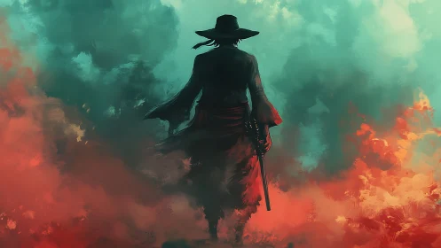 Silhouetted gun-wielding figure in red and teal mist.