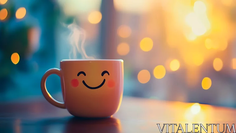 Smiling sunrise mug of warmth on a softly glowing table.