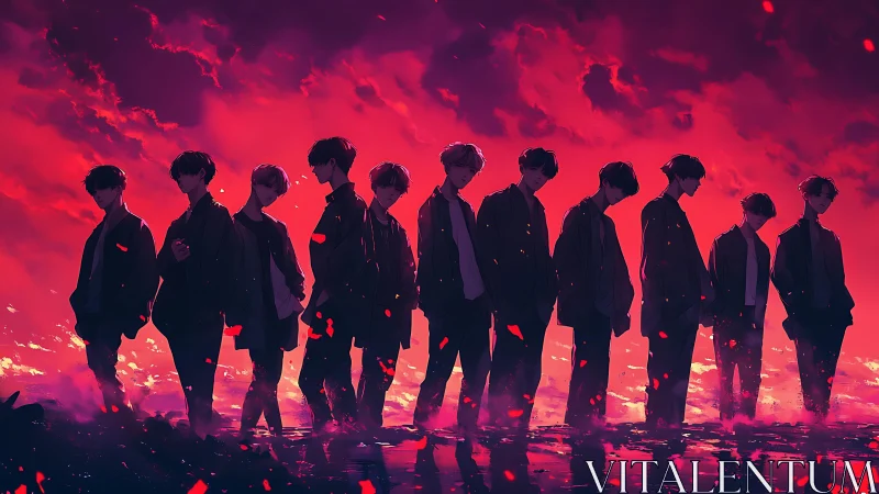 Cinematic anime silhouettes aligned against incendiary sky.