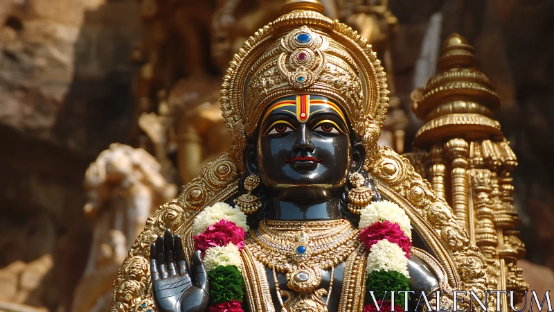 Hindu deity statue with ornate gold crown and flower garlands
