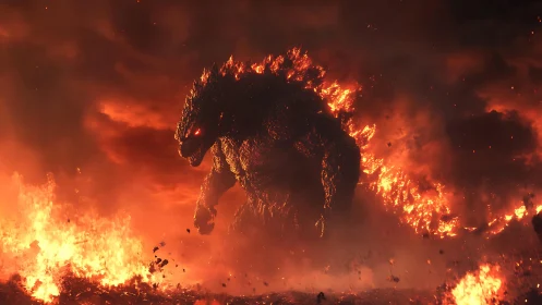 Fiery titan strides through blazing ruin with molten power