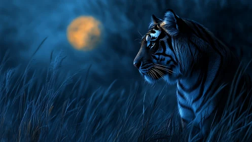 Moonlit tiger sentinel in cobalt grassland hush.