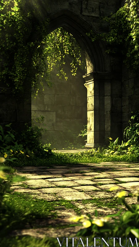 Sunlit ivy arch frames mossy stone courtyard path