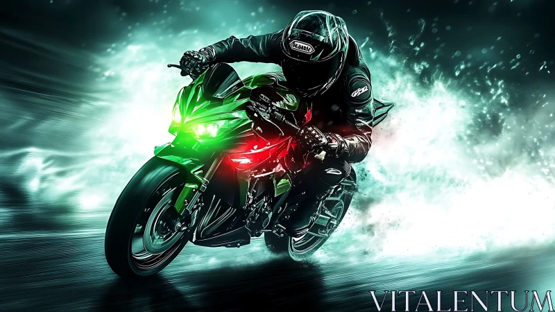Neon green superbike racer cutting through teal motion haze.