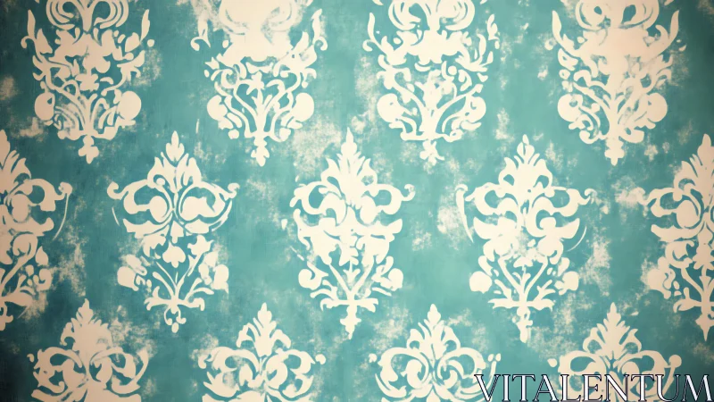 Ornate damask silhouettes drift across weathered teal mist