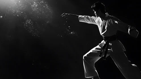 Martial artist strikes forward in stark dramatic lighting.