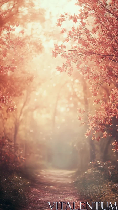 Pink Blossoms Line a Misty Forest Path