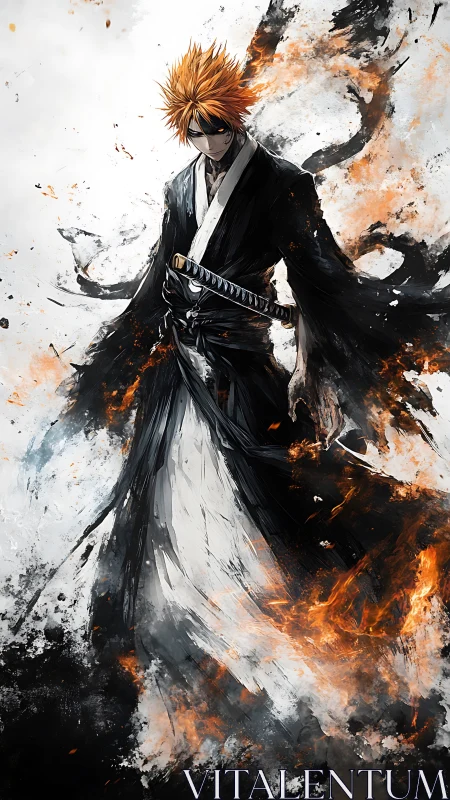 Male swordsman stands in dynamic monochrome fire burst