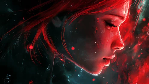 Profile portrait shows red lit digital painting of young woman