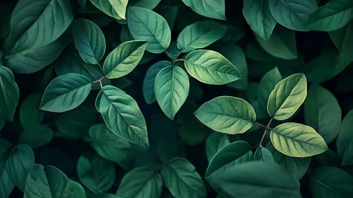 Green leaves fill frame under soft directional lighting