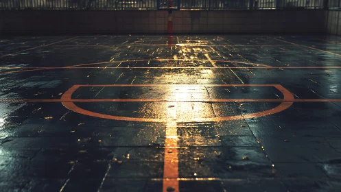 Wet outdoor basketball court under artificial night lighting.