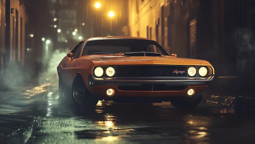 Orange vintage muscle car on wet city street at night.