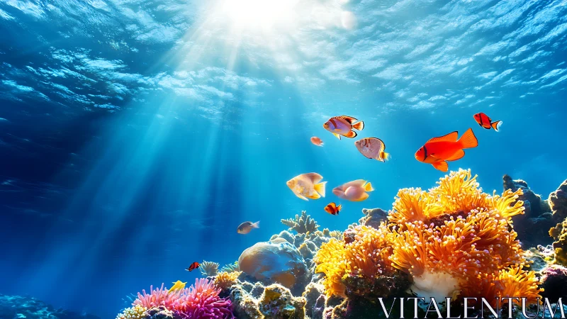 Sunlit coral reef where bright fish wander through blue calm.