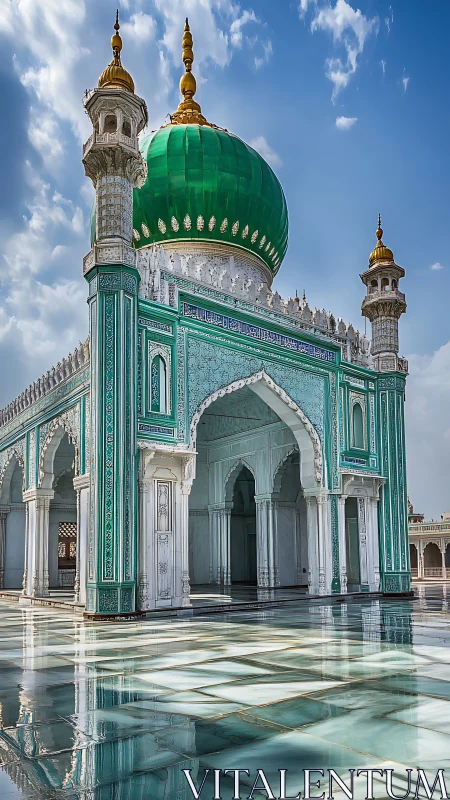 Green-domed Islamic shrine stands over reflective marble courtyard