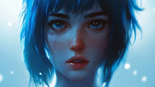 Close digital portrait of blue haired freckled character.