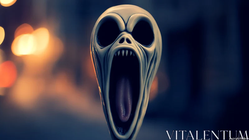 Elongated spectral scream head in cinematic bokeh nightscape.