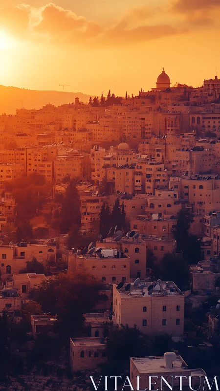 Golden hour hillside cityscape with domed skyline silhouette.