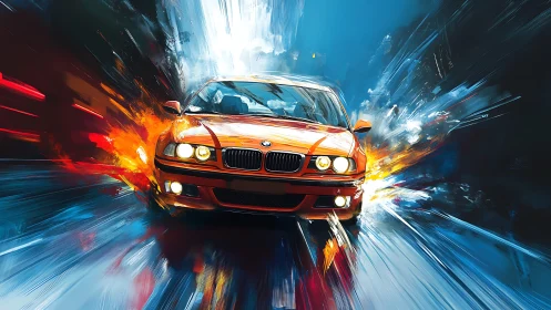Orange sports sedan speeds through abstract neon street art.