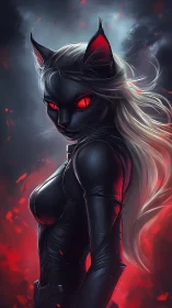 Fierce feline warrior stands in glowing embers and shadow