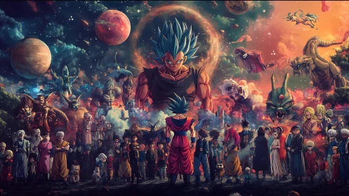 Epic anime crossover under cosmic sky with heroes assembled.