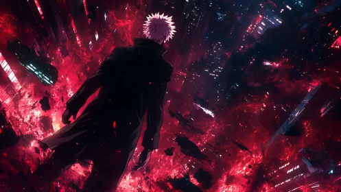 Stormlit wanderer slices through a collapsing neon cosmos