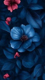 Blue and Pink Floral Composition with Layered Botanical Forms