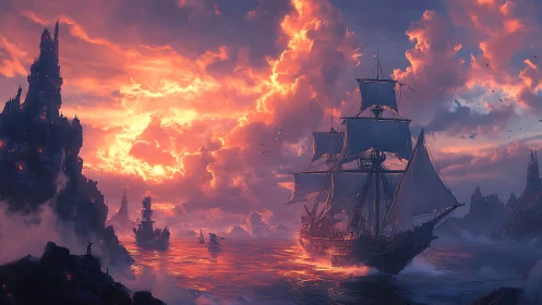 Sunset sails and stormlit cliffs in a glowing fantasy seascape.