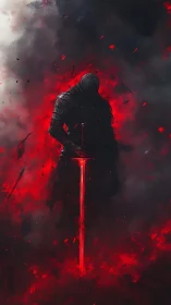 Shrouded ember knight guarding a bloodlit inferno blade.