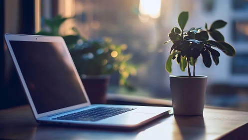 Sunlit laptop trades quiet thoughts with a glowing windowsill plant