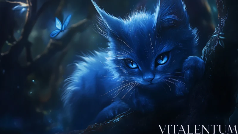 Blue Feline With Luminous Eyes in Enchanted Forest