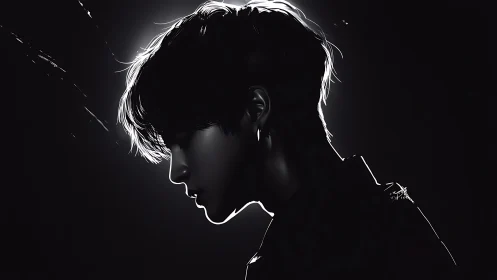 Backlit monochrome profile portrait of young person.