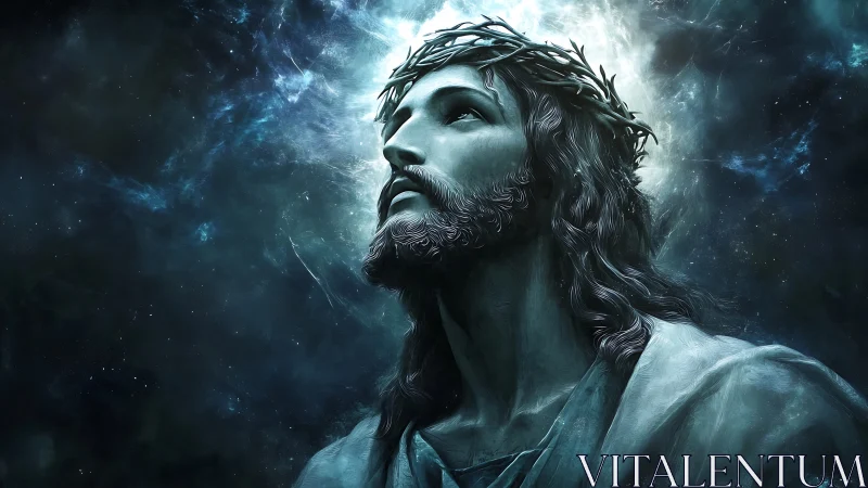 Portrait of robed male figure with crown of thorns in blue space.