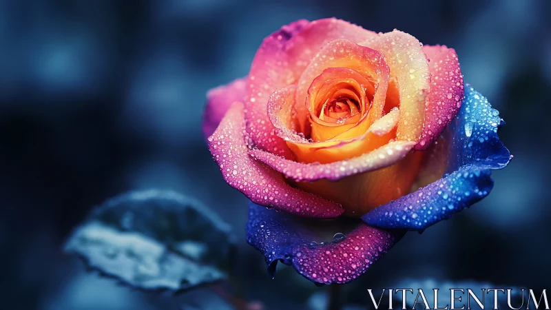 Chromatic macro study of dew-laden tricolor rose bloom.