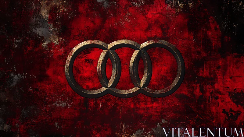 Metallic interlocking rings dominate distressed red backdrop