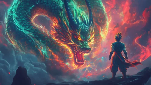 Stormlit dragon standoff with blazing warrior on cosmic ridge.