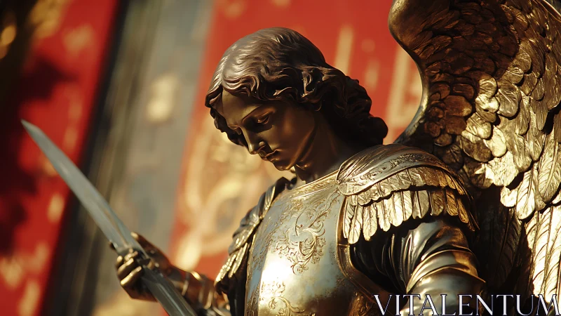 Golden winged angel statue gazes down with quiet strength