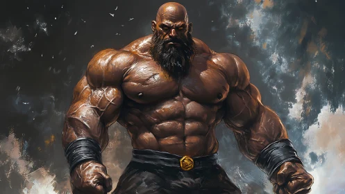 Bearded muscular warrior in dynamic fantasy stance.