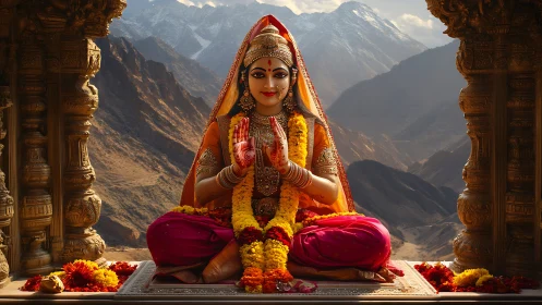 Divine Indian goddess idol framed by Himalayan mountain vista.