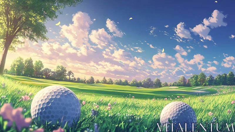 Sunlit golf balls in dreamy flowered fairway landscape.