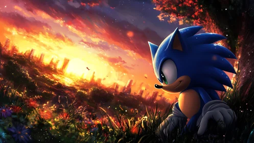 Blue hedgehog watches blazing city sunset over wild meadow
